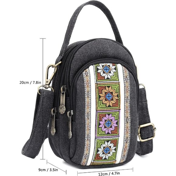 Women's S3 Black Vintage Embroidered Cute Mini Cross Body Bag Small Handbag - Picture 3 of 6